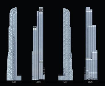 Nova torre apresenta faces envidraçadas e assimétricas que se reduzem e se transformam à medida que se elevam, apresentando desenhos diferentes para cada um dos pontos cardeais.